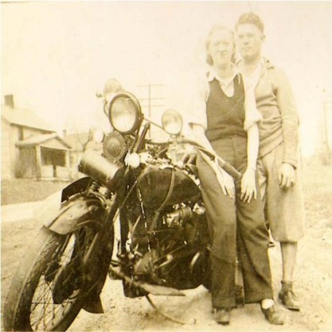 Grandpa and Grandma with motorcycle, circa 1940