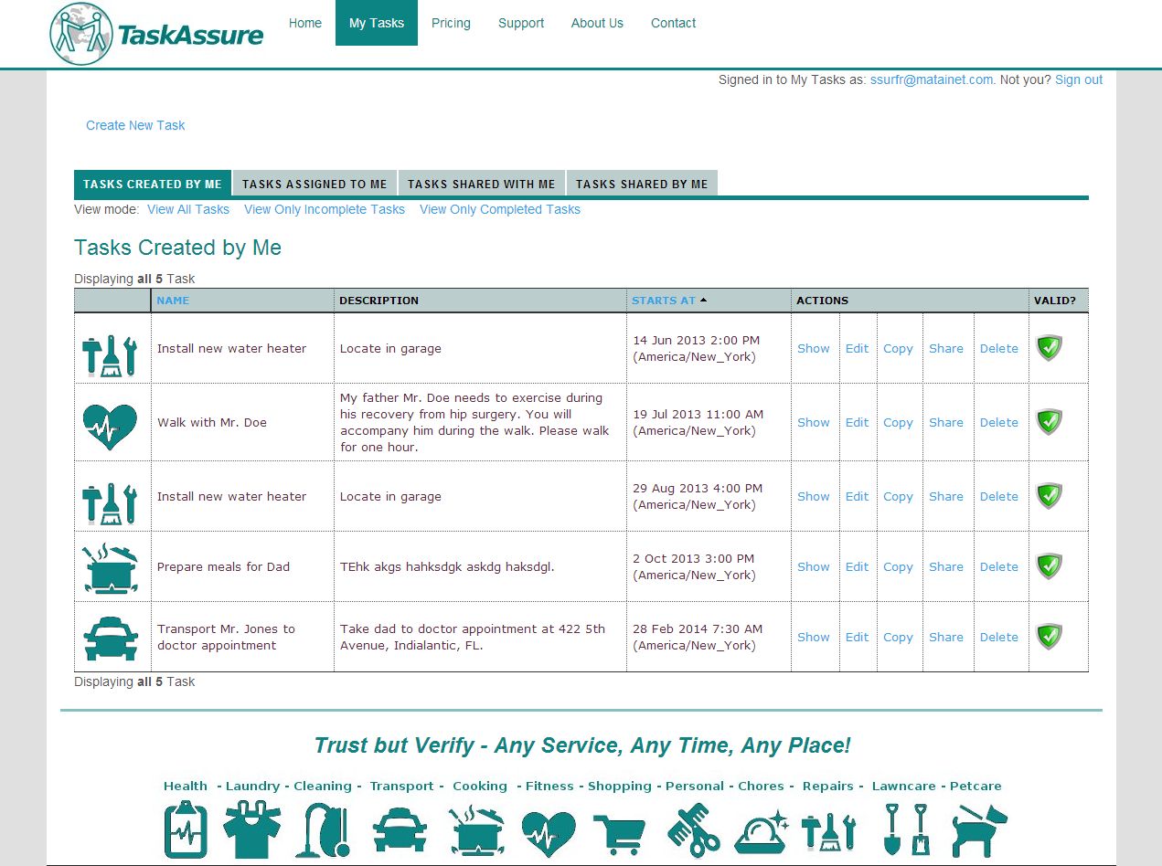 screen shot of Task Assure list tasks